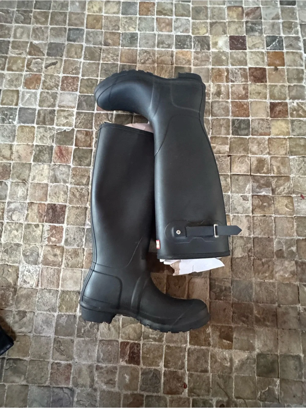 Hunter Black Tall Rubber Rain Boots with Red Logo Trim